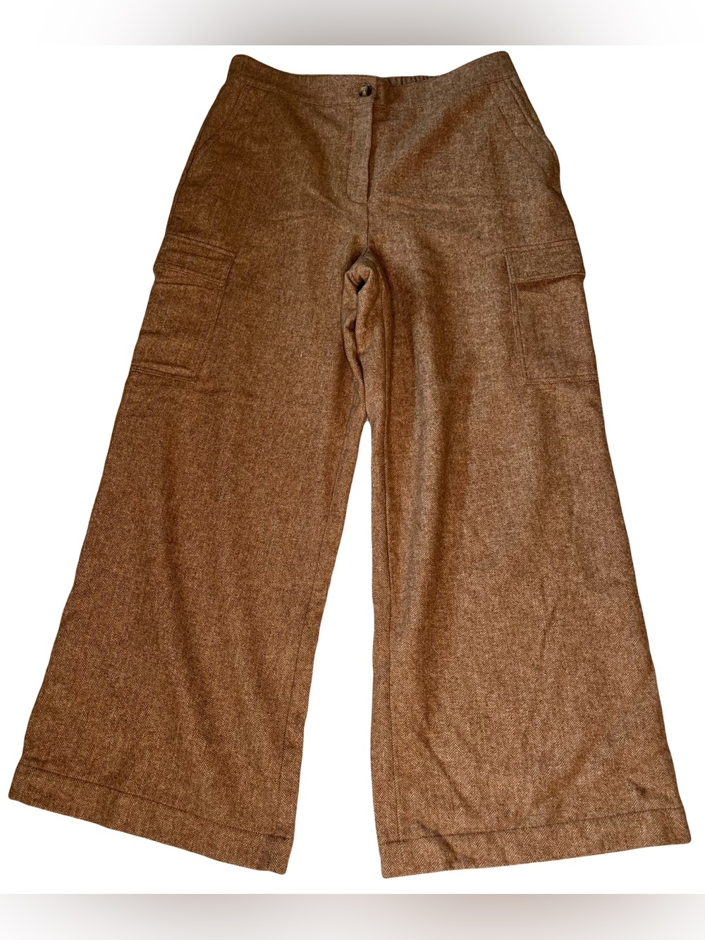 Loft Brown Herringbone Wide Leg Cargo Pants High Rise Dark Academia Wool Trouser